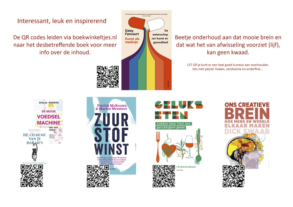 Afbeelding met vermelding van een aantal boeken. Boven in het midden Kunst als medicijn. Daaronder van links naar rechts: De charme van je darmen, Zuurstofwinst, Gelukseten en Ons creatieve brein