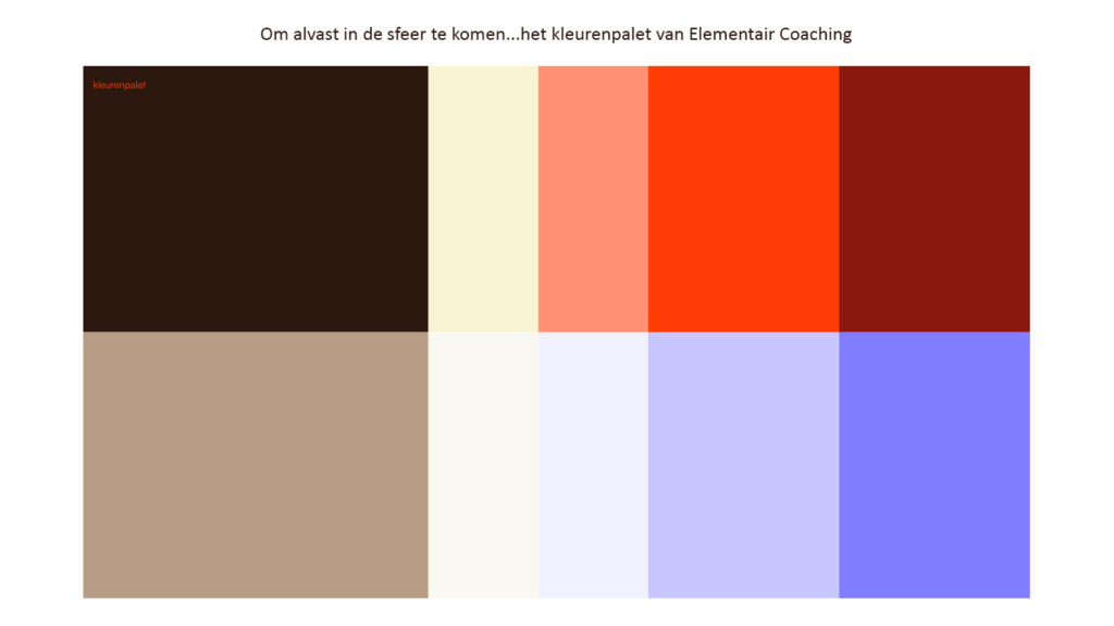 Een afbeelding van de kleuren die gebruikt gaan worden voor deze website. Aan de bovenkant gaan de kleuren van bruin, naar creme, pastel oranje, oranje en donkerrood. Aan de onderkant van links naar rechts beige, wit, pastel licht lavendel, iets donkerder lavendel en tot slot lavendel kleur.